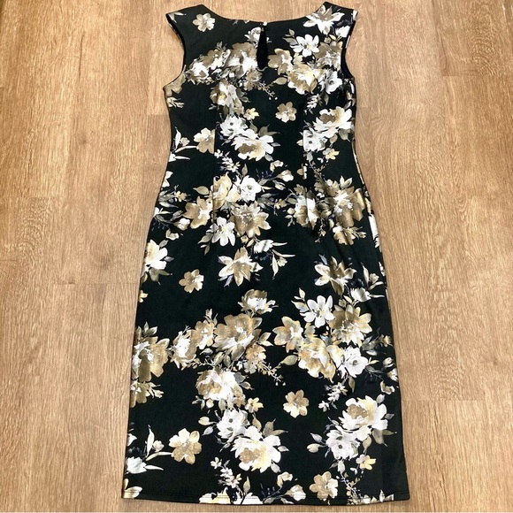 Black Silver and Gold Floral Print Sleeveless Sheath Dress Size Small Metallic - Picture 6 of 16